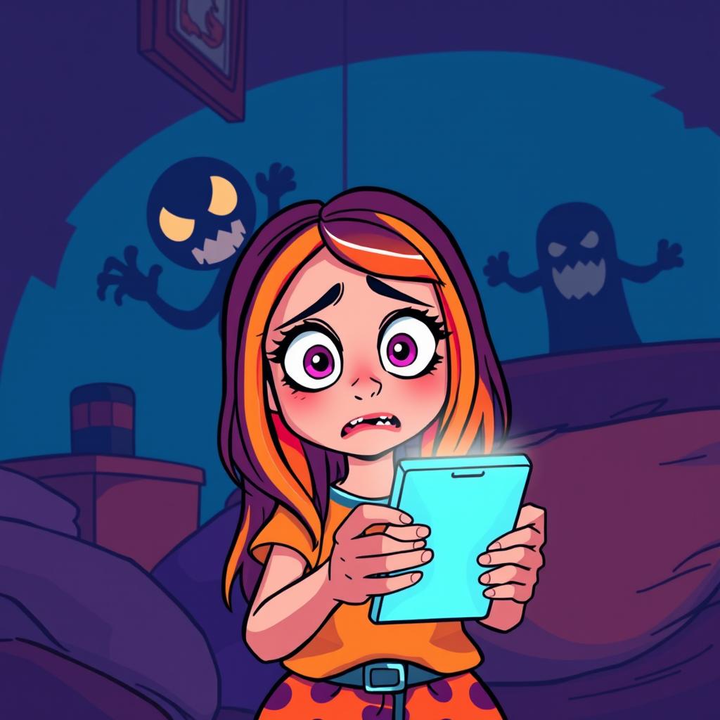 A cartoon style illustration of a 15-year-old girl with bright, expressive features, wide eyes filled with fear while looking at her smartphone in a dark room