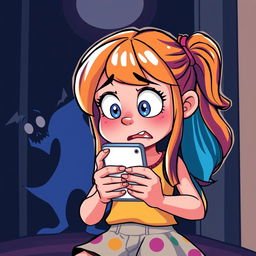 A cartoon style illustration of a 15-year-old girl with bright, expressive features, wide eyes filled with fear while looking at her smartphone in a dark room