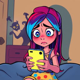 A cartoon style illustration of a 15-year-old girl with bright, expressive features, wide eyes filled with fear while looking at her smartphone in a dark room