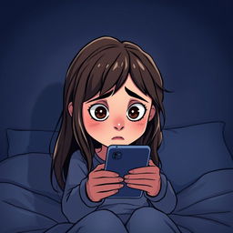 A semi-cartoon style illustration of a 15-year-old girl with expressive features and bright eyes, looking scared as she stares at her smartphone in a dark room