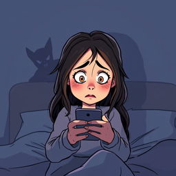 A semi-cartoon style illustration of a 15-year-old girl with expressive features and bright eyes, looking scared as she stares at her smartphone in a dark room
