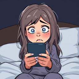 A semi-cartoon style illustration of a 15-year-old girl with expressive features and bright eyes, looking scared as she stares at her smartphone in a dark room