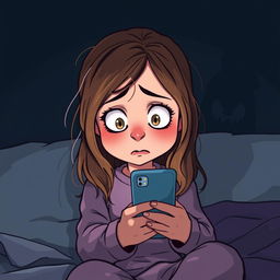 A semi-cartoon style illustration of a 15-year-old girl with expressive features and bright eyes, looking scared as she stares at her smartphone in a dark room