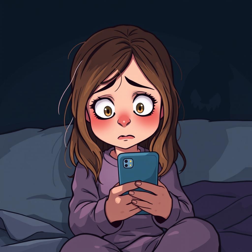 A semi-cartoon style illustration of a 15-year-old girl with expressive features and bright eyes, looking scared as she stares at her smartphone in a dark room