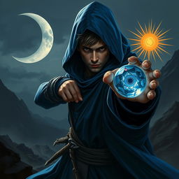 An epic fantasy scene featuring a 25-year-old male sorcerer dressed in a hooded blue cloak, striking a dynamic combat stance