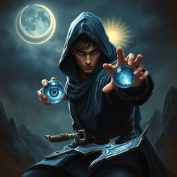 An epic fantasy scene featuring a 25-year-old male sorcerer dressed in a hooded blue cloak, striking a dynamic combat stance