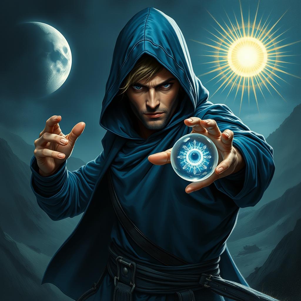 An epic fantasy scene featuring a 25-year-old male sorcerer dressed in a hooded blue cloak, striking a dynamic combat stance