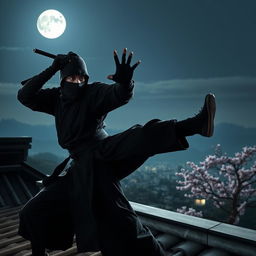 A highly skilled ninja dressed in traditional black attire, performing a dynamic martial arts pose on a rooftop at night