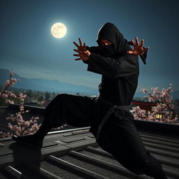 A highly skilled ninja dressed in traditional black attire, performing a dynamic martial arts pose on a rooftop at night