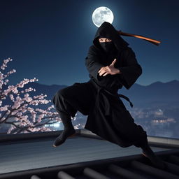 A highly skilled ninja dressed in traditional black attire, performing a dynamic martial arts pose on a rooftop at night