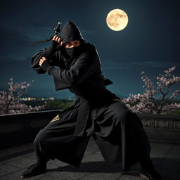 A highly skilled ninja dressed in traditional black attire, performing a dynamic martial arts pose on a rooftop at night