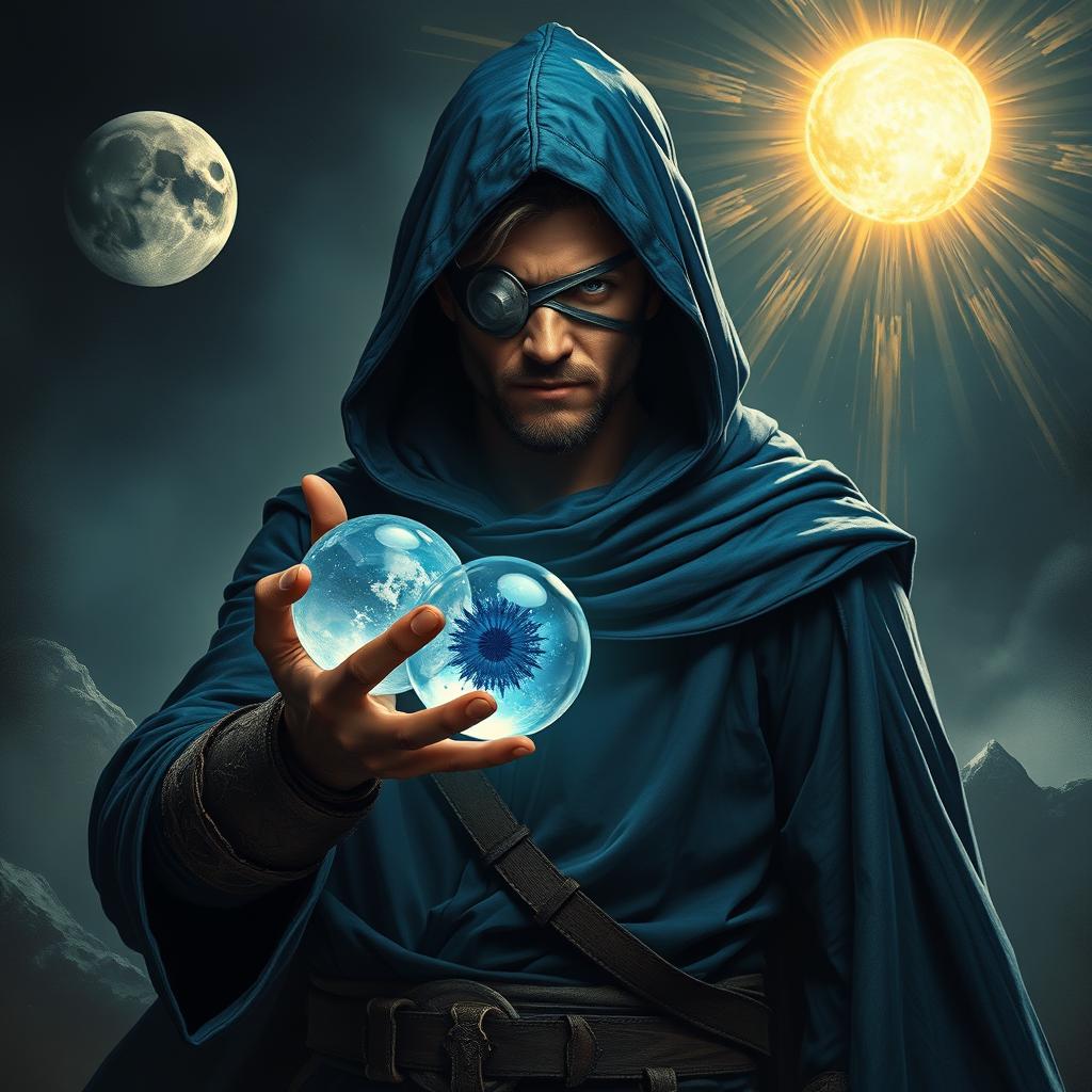An epic fantasy scene featuring a 25-year-old male sorcerer dressed in a hooded blue cloak, holding a crystal eyeball in one hand