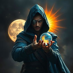 An epic fantasy scene featuring a 25-year-old male sorcerer dressed in a hooded blue cloak, holding a crystal eyeball in one hand