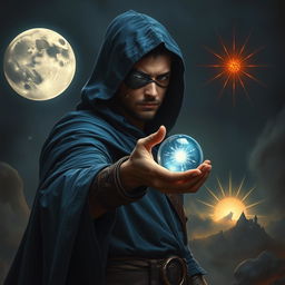 An epic fantasy scene featuring a 25-year-old male sorcerer dressed in a hooded blue cloak, holding a crystal eyeball in one hand