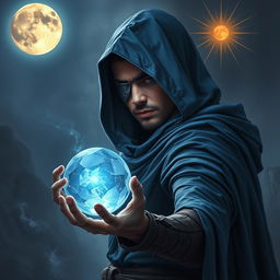 An epic fantasy scene featuring a 25-year-old male sorcerer dressed in a hooded blue cloak, holding a crystal eyeball in one hand
