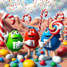 A whimsical and vibrant scene featuring giant M&M characters in a colorful candy landscape