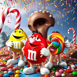 A whimsical and vibrant scene featuring giant M&M characters in a colorful candy landscape