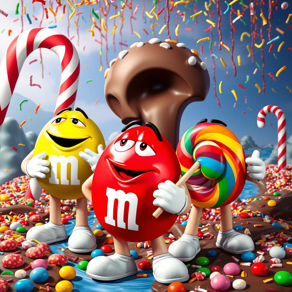 A whimsical and vibrant scene featuring giant M&M characters in a colorful candy landscape