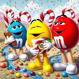 A whimsical and vibrant scene featuring giant M&M characters in a colorful candy landscape