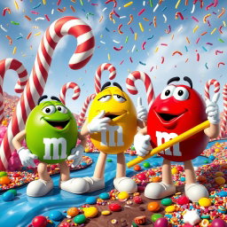 A whimsical and vibrant scene featuring giant M&M characters in a colorful candy landscape