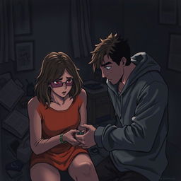 A dramatic scene between two friends in a tense moment, one friend is stealthily stealing from the other, the setting is a dimly lit room filled with shadows