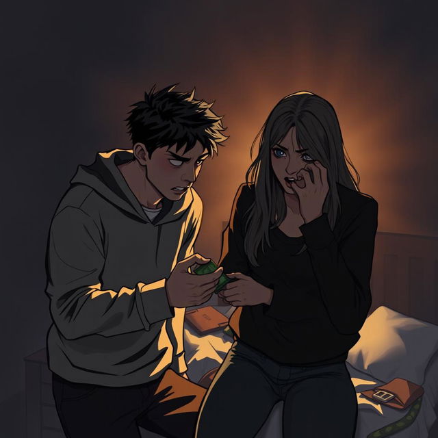 A dramatic scene between two friends in a tense moment, one friend is stealthily stealing from the other, the setting is a dimly lit room filled with shadows