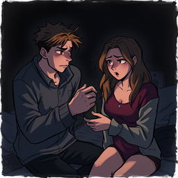 A dramatic scene between two friends in a tense moment, one friend is stealthily stealing from the other, the setting is a dimly lit room filled with shadows