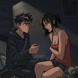 A dramatic scene between two friends in a tense moment, one friend is stealthily stealing from the other, the setting is a dimly lit room filled with shadows