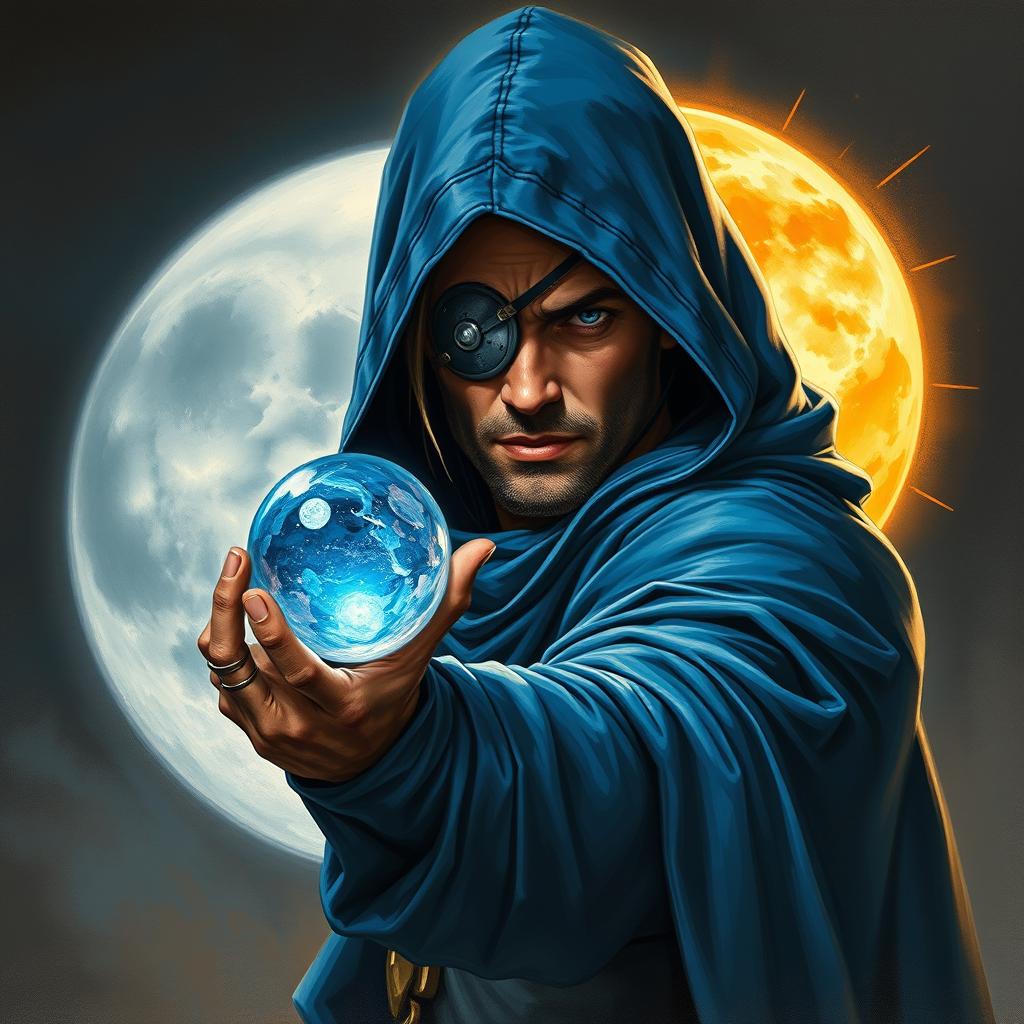 An epic fantasy scene depicting a 25-year-old male sorcerer in a combat stance, dressed in a hooded blue cloak