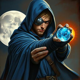 An epic fantasy scene depicting a 25-year-old male sorcerer in a combat stance, dressed in a hooded blue cloak