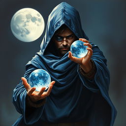 An epic fantasy scene depicting a 25-year-old male sorcerer in a combat stance, dressed in a hooded blue cloak
