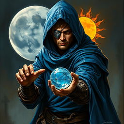 An epic fantasy scene depicting a 25-year-old male sorcerer in a combat stance, dressed in a hooded blue cloak