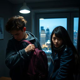 A dramatic and intense scene showcasing two friends in an emotionally charged moment