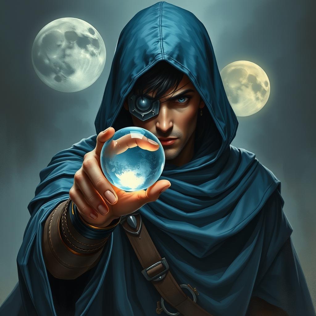 An epic fantasy scene featuring a 25-year-old male sorcerer dressed in a hooded blue cloak, holding a single glass crystal eyeball in his hand, depicted in immaculate detail