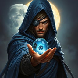 An epic fantasy scene featuring a 25-year-old male sorcerer dressed in a hooded blue cloak, holding a single glass crystal eyeball in his hand, depicted in immaculate detail