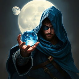 An epic fantasy scene featuring a 25-year-old male sorcerer dressed in a hooded blue cloak, holding a single glass crystal eyeball in his hand, depicted in immaculate detail