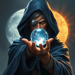 An epic fantasy scene featuring a 25-year-old male sorcerer dressed in a hooded blue cloak, holding a single glass crystal eyeball in his hand, depicted in immaculate detail