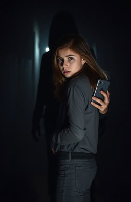 An 18-year-old girl standing sideways, holding her phone with a fearful expression on her face