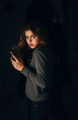 An 18-year-old girl standing sideways, holding her phone with a fearful expression on her face