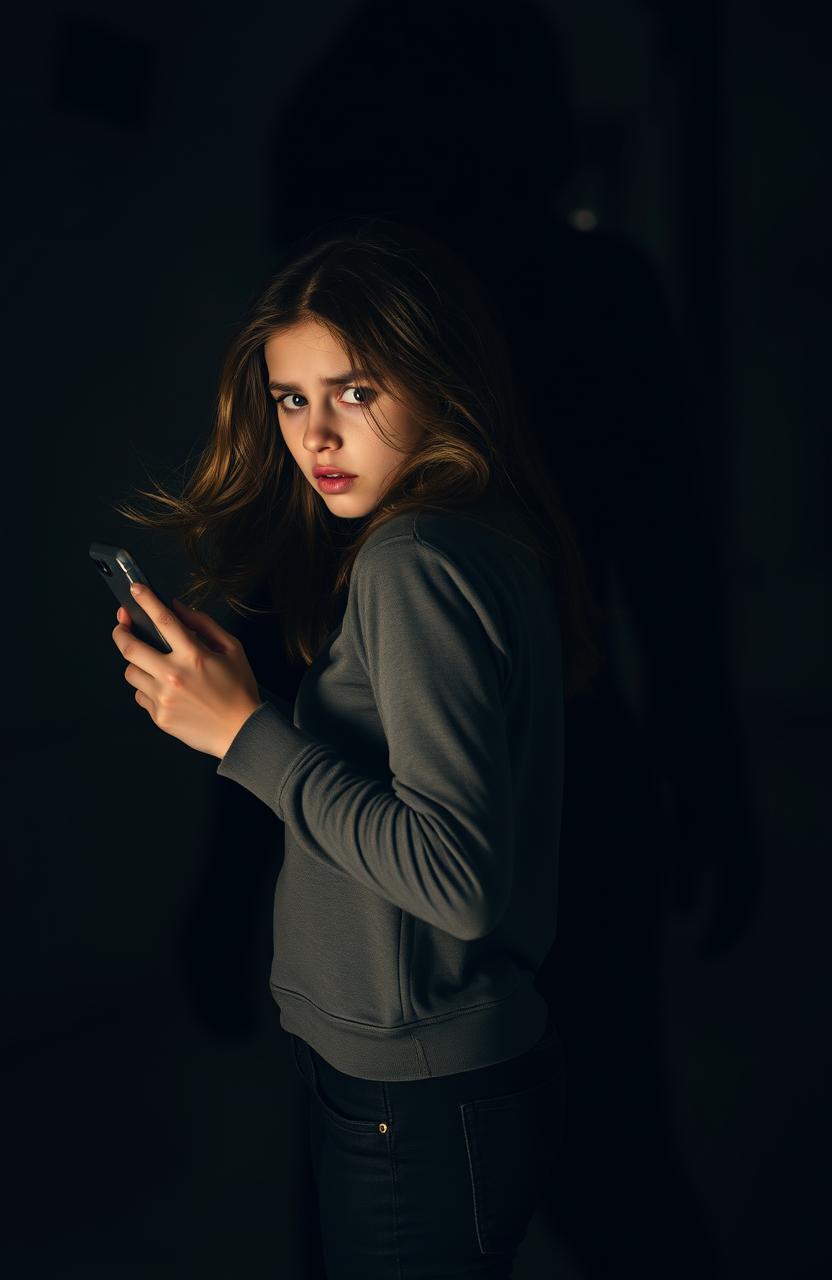 An 18-year-old girl standing sideways, holding her phone with a fearful expression on her face