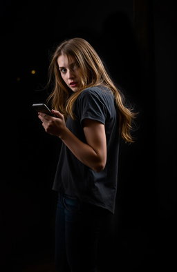 An 18-year-old girl standing sideways, holding her phone with a fearful expression on her face