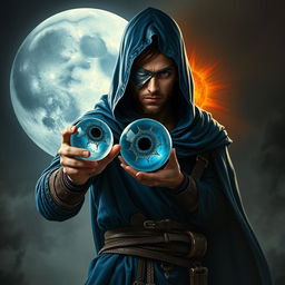 An epic fantasy scene featuring a 25-year-old male sorcerer dressed in a hooded blue cloak, standing in a combat stance