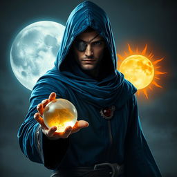An epic fantasy scene featuring a 25-year-old male sorcerer dressed in a hooded blue cloak, standing in a combat stance