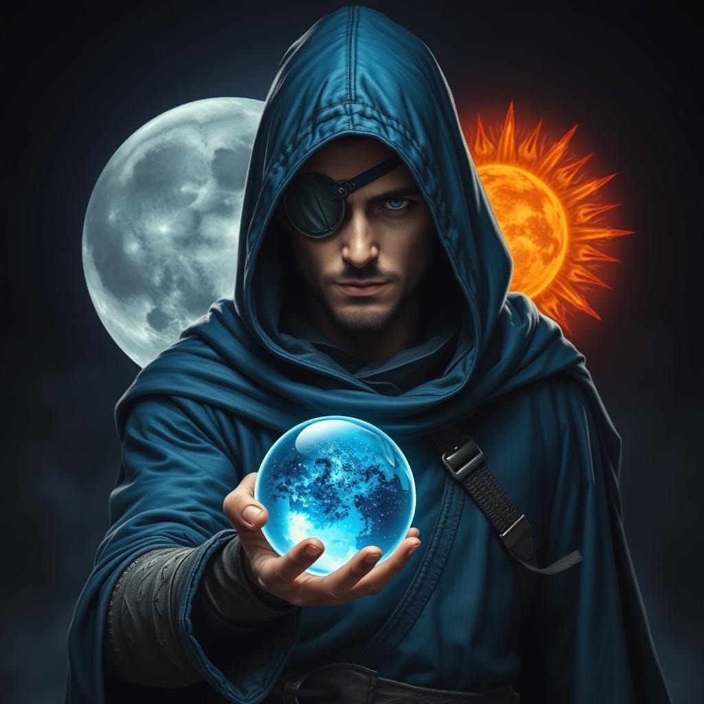 An epic fantasy scene featuring a 25-year-old male sorcerer dressed in a hooded blue cloak, standing in a combat stance
