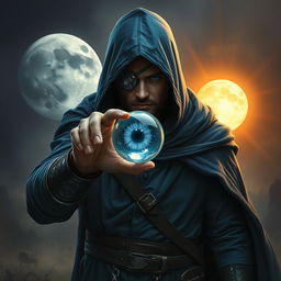 An epic fantasy scene featuring a 25-year-old male sorcerer dressed in a hooded blue cloak, standing in a combat stance