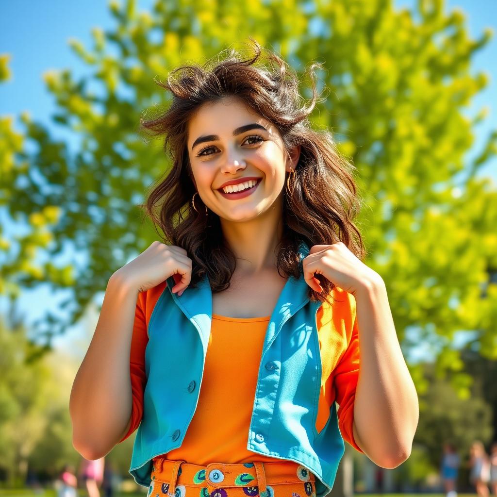 A playful scene featuring a young woman with a confident smile, playfully adjusting her colorful attire as she stands in a lively park