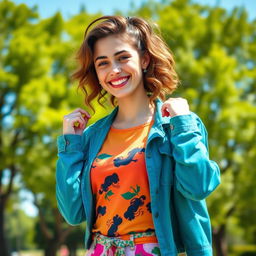A playful scene featuring a young woman with a confident smile, playfully adjusting her colorful attire as she stands in a lively park