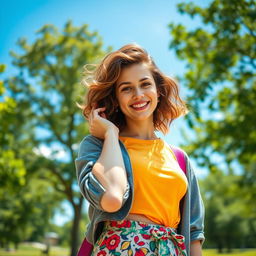 A playful scene featuring a young woman with a confident smile, playfully adjusting her colorful attire as she stands in a lively park