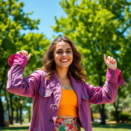 A playful scene featuring a young woman with a confident smile, playfully adjusting her colorful attire as she stands in a lively park