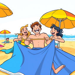 A humorous and lighthearted illustration of a group of friends playfully engaging in a game at a sunny beach